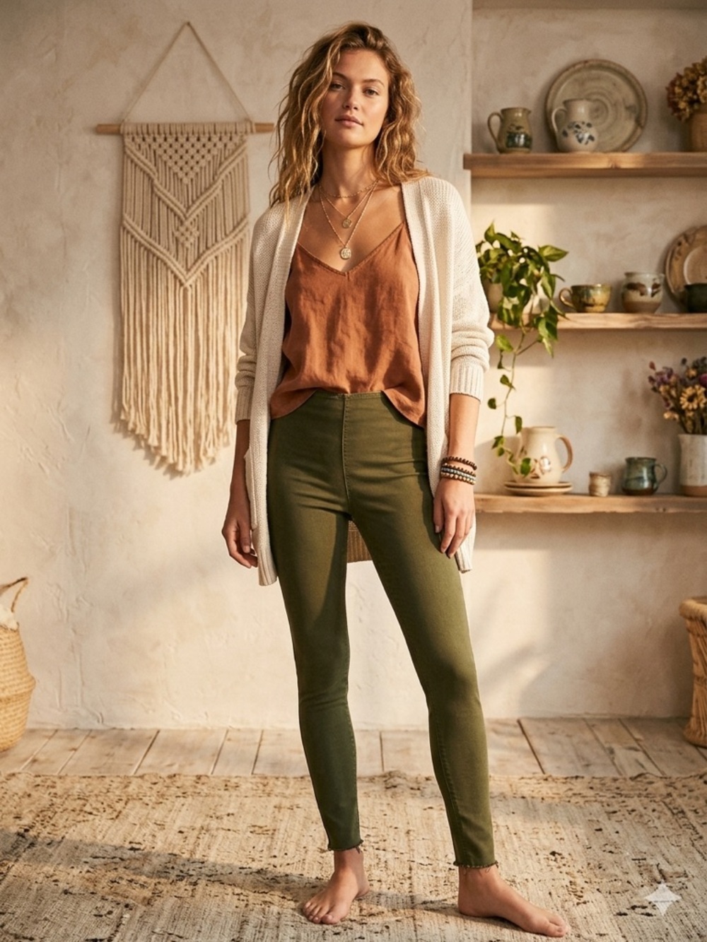 Free People ($137) Olive Green High waist Jeggings Raw Hem Skinny Boho Chic Sz27